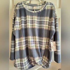 Tru Self Gray Plaid Tunic Top Long Sleeve Twist Hem Cozy Stretch Plus Size 2X